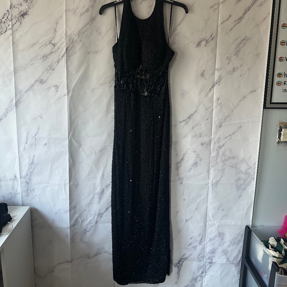 VTG 90S Y2K SCALA PROM FORMAL DRESS WOMENS LARGE BLACK BEADED HALTER MAXI DRESS
